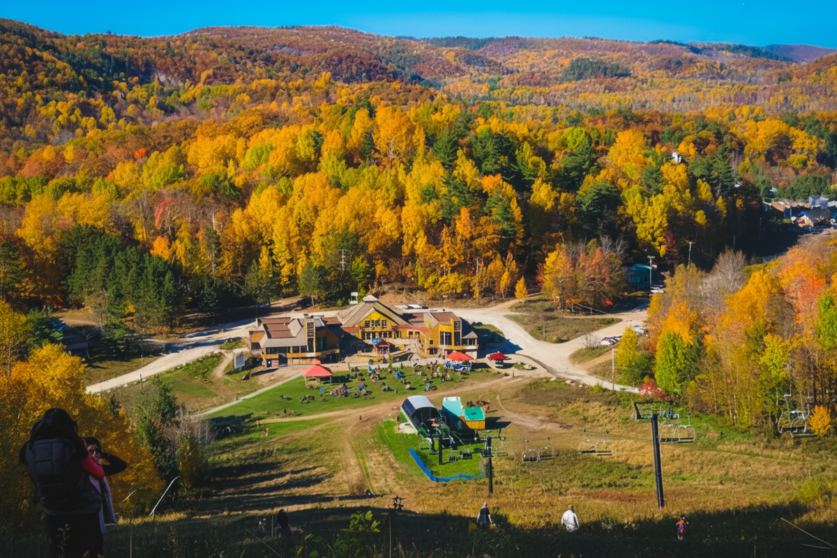 Aerial view of a mountain resort surrounded by autumn-colored trees